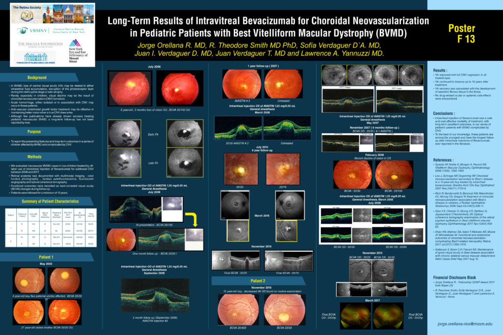 An image of the poster presented at the 50th Retina Society Meeting by Dr. Jorge Andres Orellana Rios and the Macula Foundation